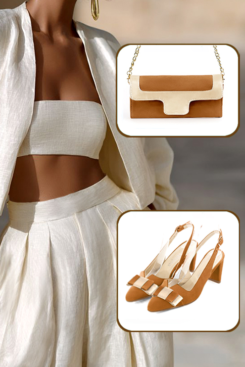 Women's camel beige and gold elegant slingback heels, with a bow on the front. Tapered toe. Medium spool heels - Worn view